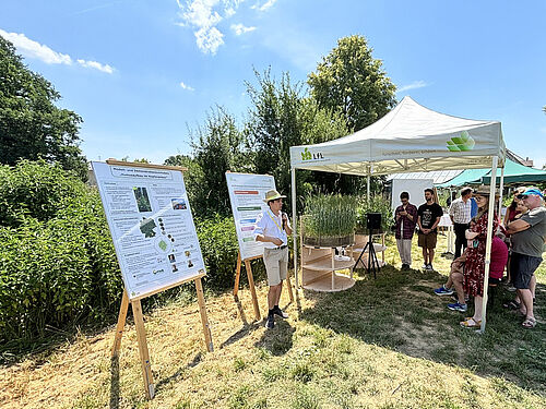 Abbildung 2: An der Station des MuD HumusHopfen konnten sich die Besucher über das Modell- und Demonstrationsvorhaben informieren. Foto: LfL